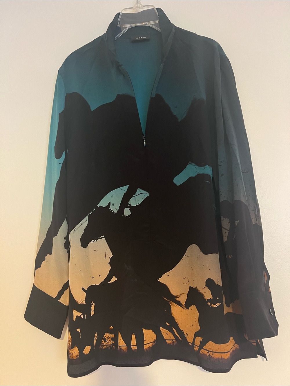 Akris Women Shirt Sz 8 Silk Crepe Tunic Hidden Zip Equestrian Horse Rider Print - Picture 9 of 16